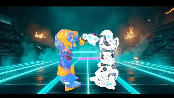 Two robot teams fighting in a neon arena