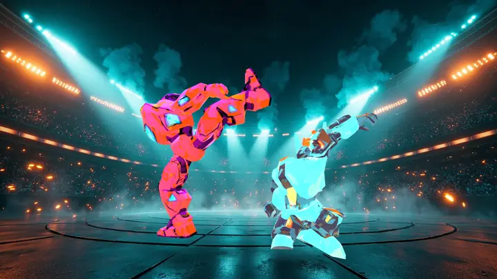 Two robots trading kicks in a stadium
