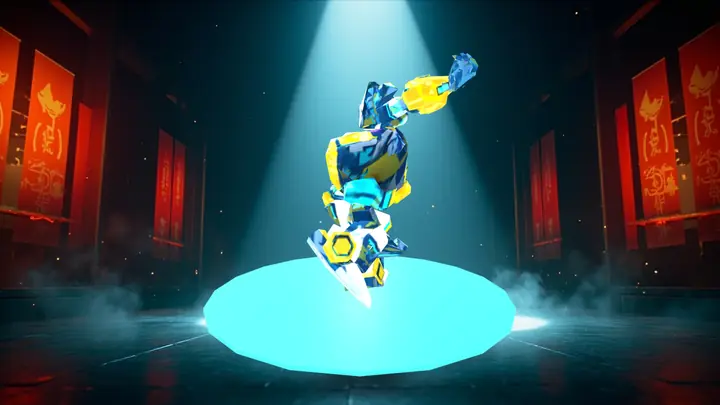 A robot posing in a spotlight