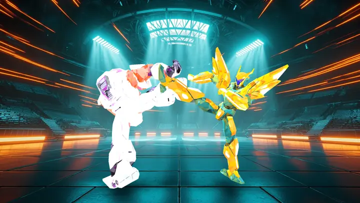 Robots fighting under stadium lights