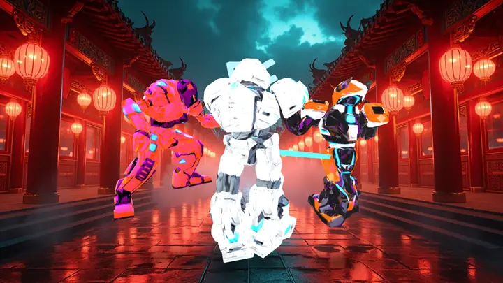Robots holding answer cards around a Chinese character
