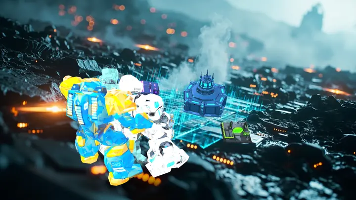 A holographic base plan glowing on dark rock