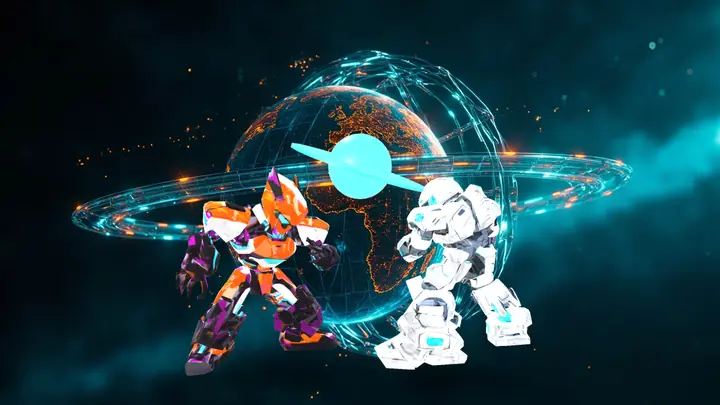 Two robots facing off across a glowing portal