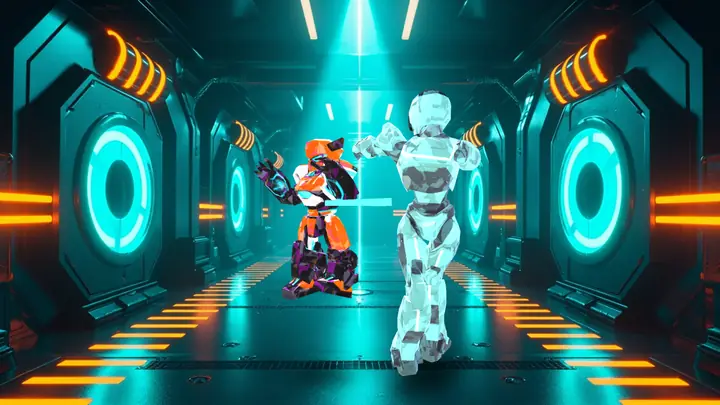 First-person view of a robot firing in an arena