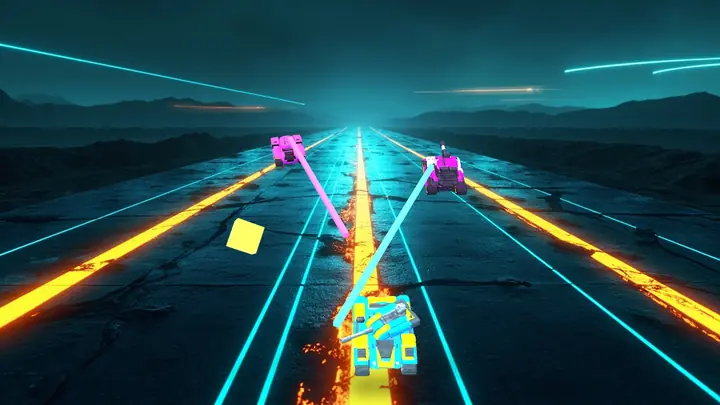 A tank speeding up a glowing highway